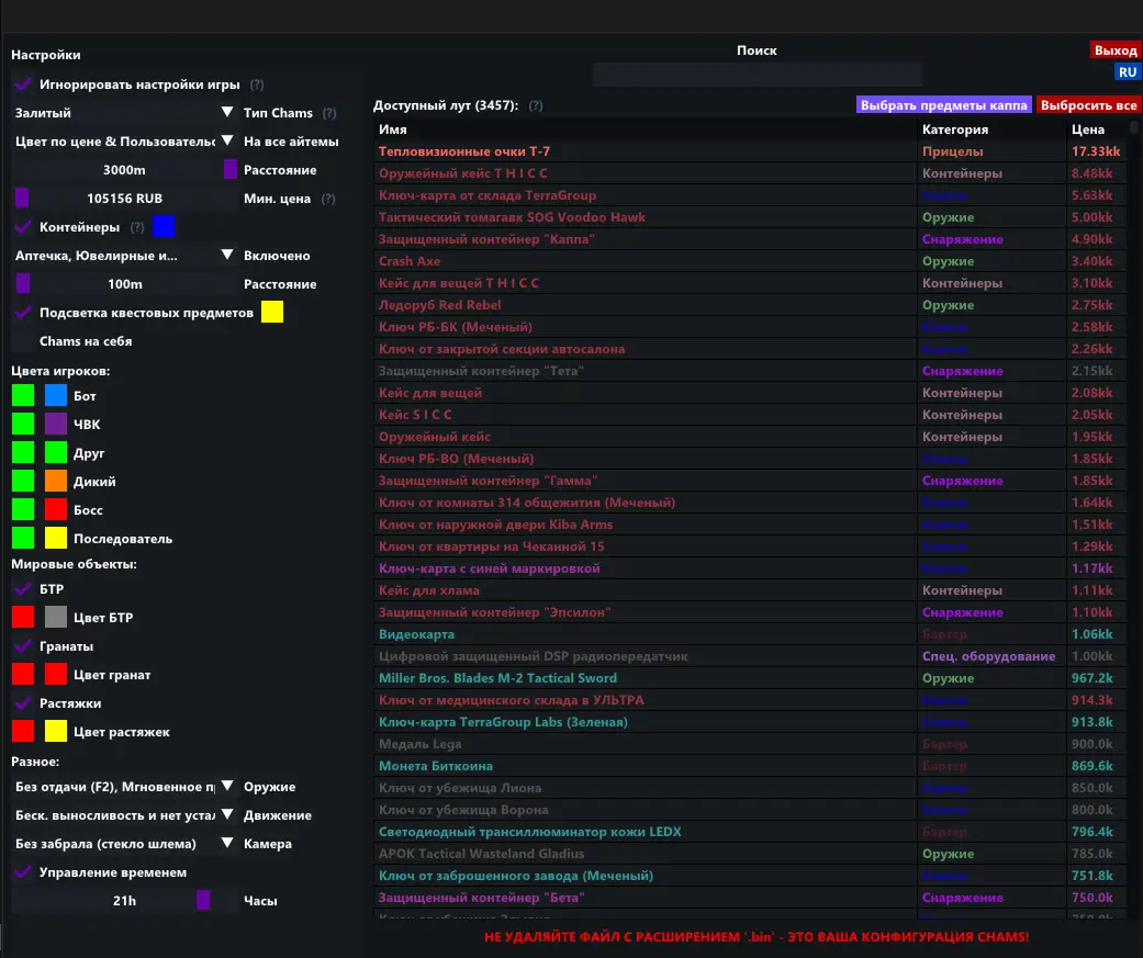 Меню настроек CHAMS